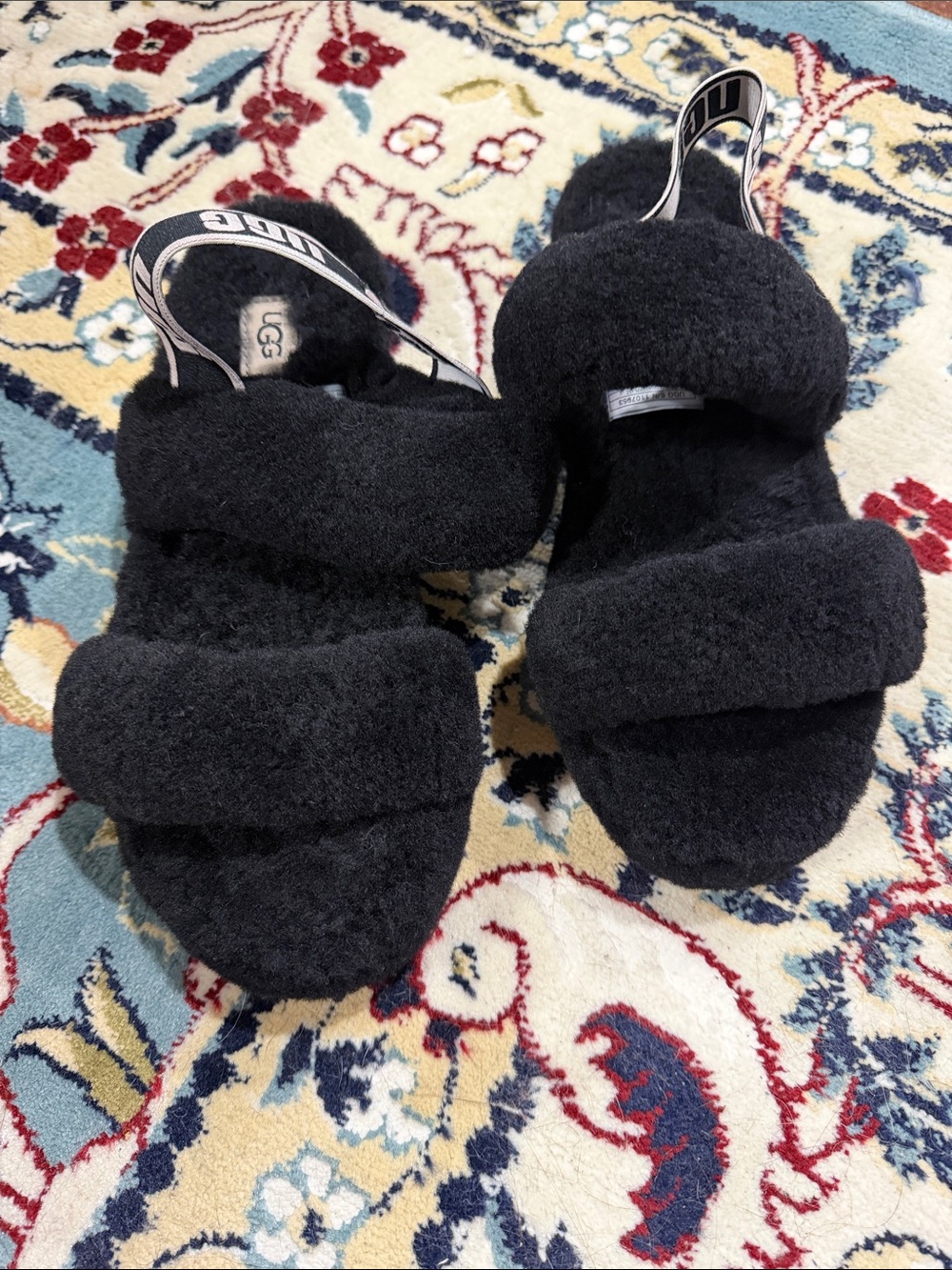 UGG Black Plush Double-Strap Slide Sandals with Branded Heel Tab